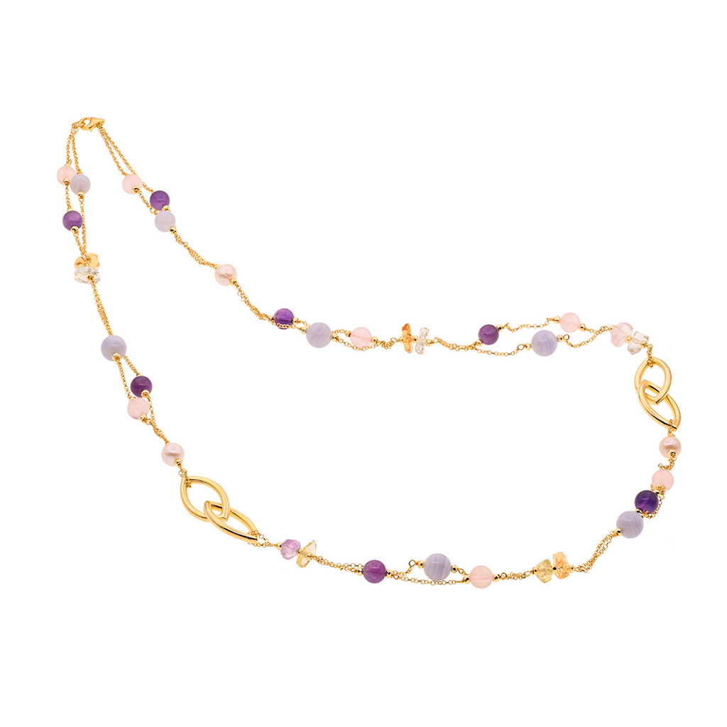 Necklace Evia 09 · amethyst, freshwater pearls, citrine, chalcedony, quartz