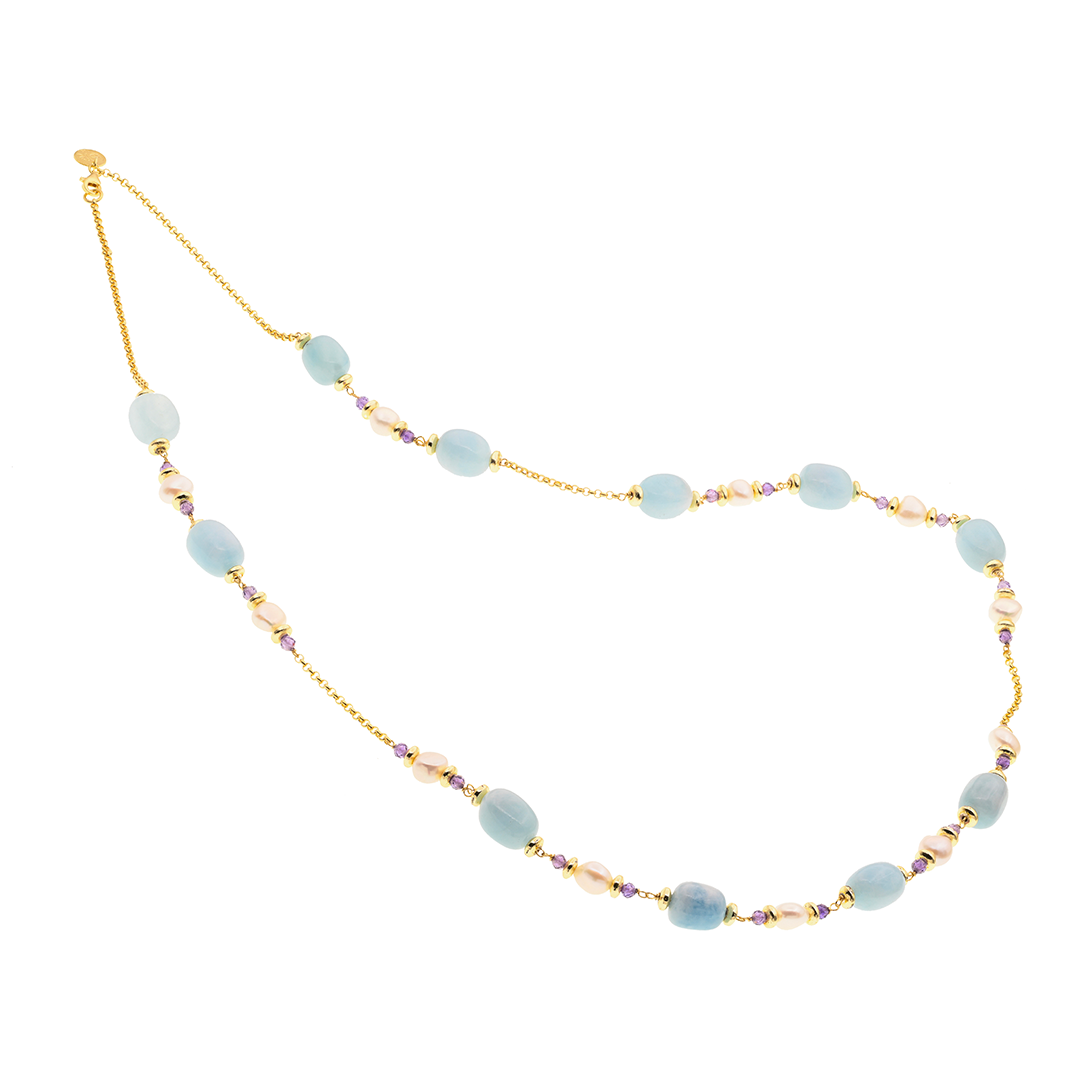 Lively Necklace 10 · aquamarine, spinel, pearls