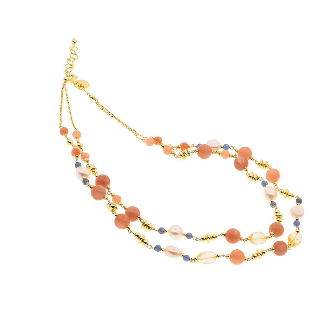 Lively Necklace 15 · moonstone, kyanite, citrine, pearls