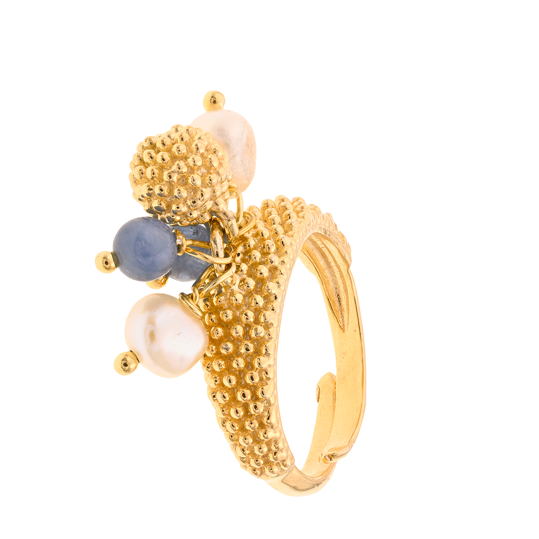 Myrtos Ring 01 · kyanite, pearls