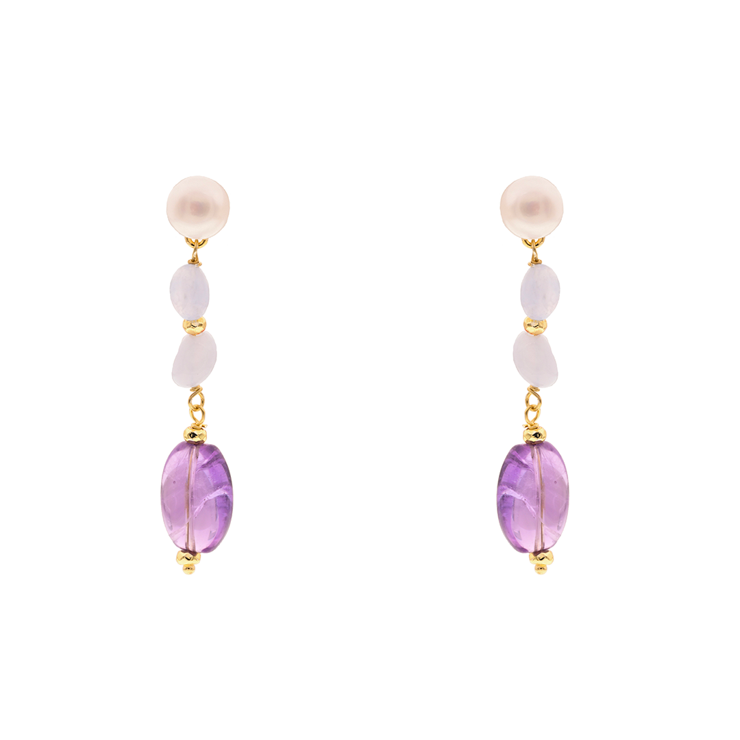 Lively 21 Earrings · amethyst, pearls, chalcedony, aventurine