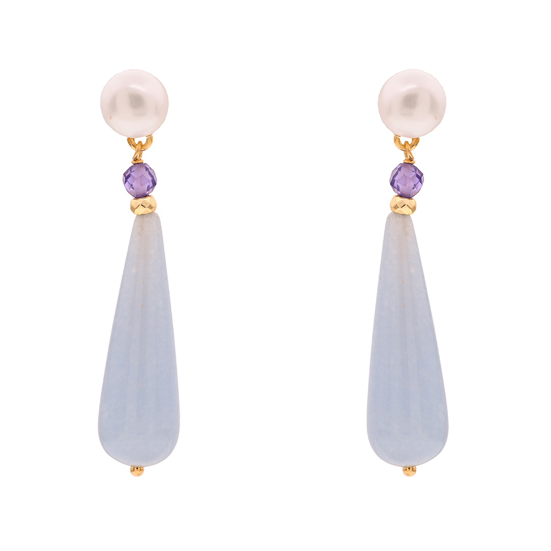 Oia 02 Earrings · pearls, spinel, chalcedony