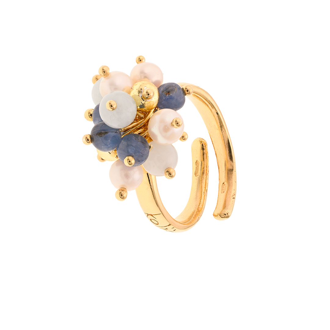 Evia 01 Ring · topaz, kyanite, fresh water pearls