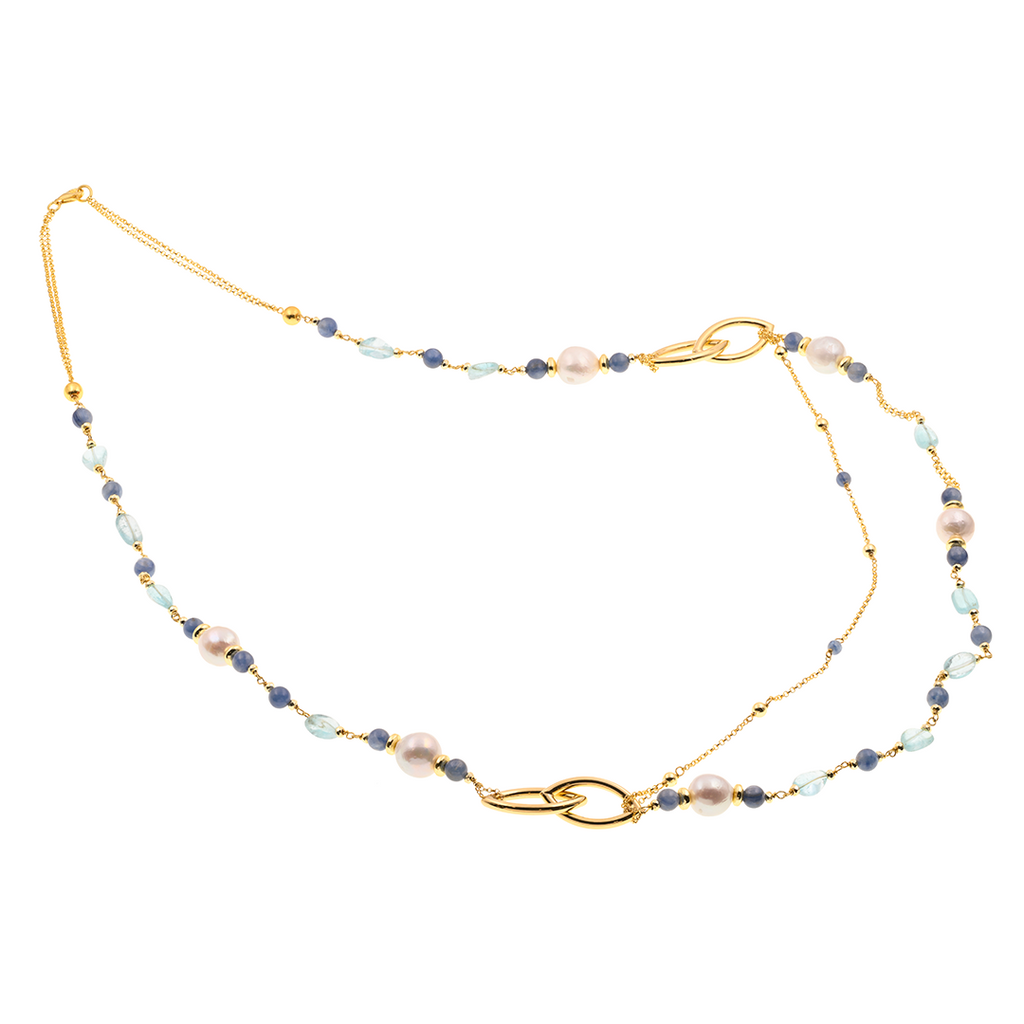 Evia 02 Necklace · blue topaz, kyanite, freshwater pearls