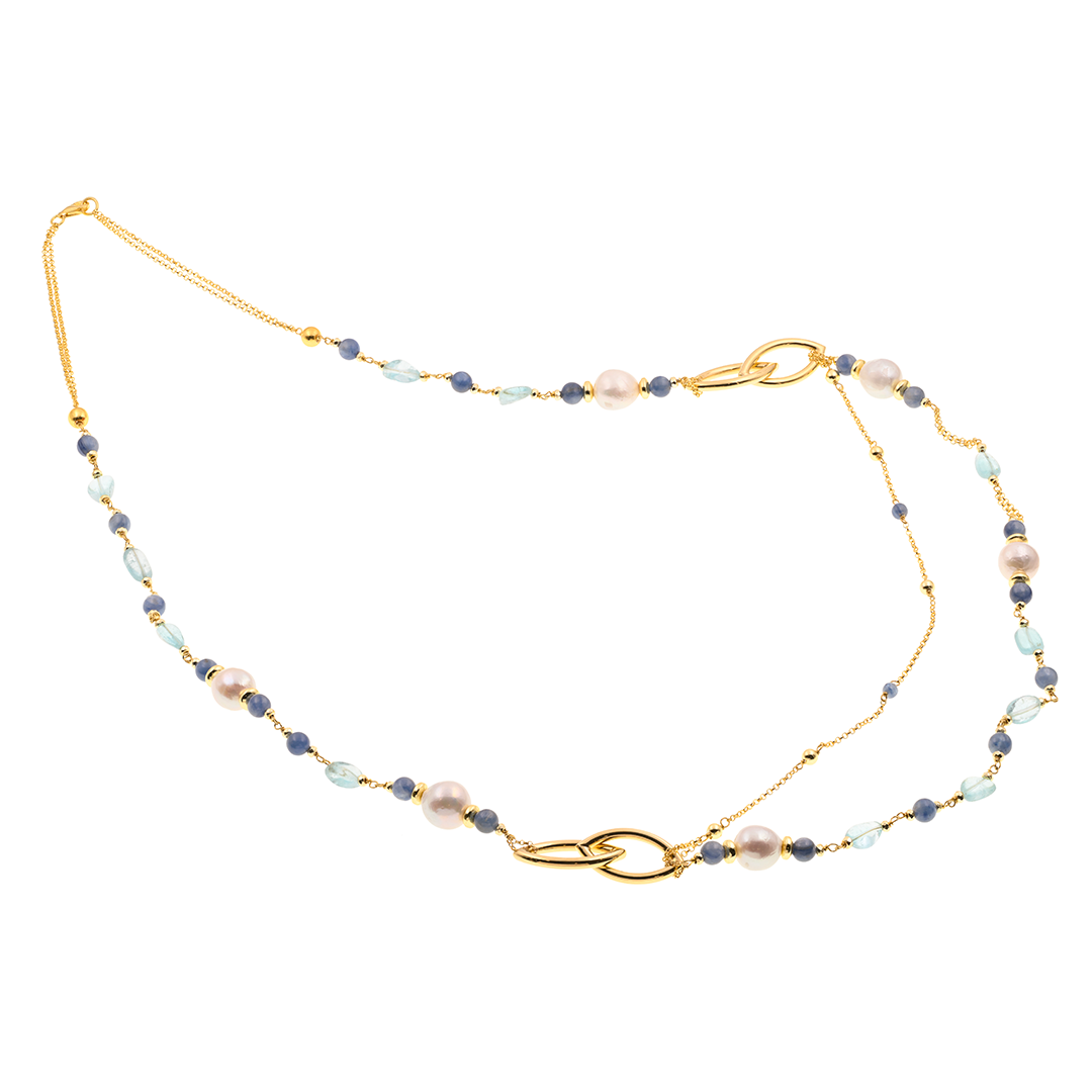 Evia 02 Necklace · blue topaz, kyanite, freshwater pearls