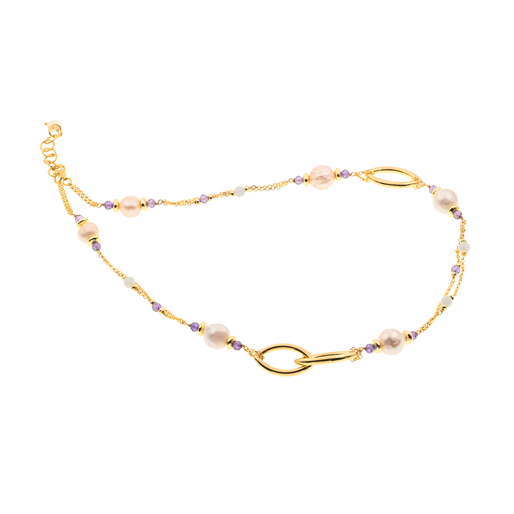 Evia 05 Necklace · freshwater pearls, milk aquamarine, spinel