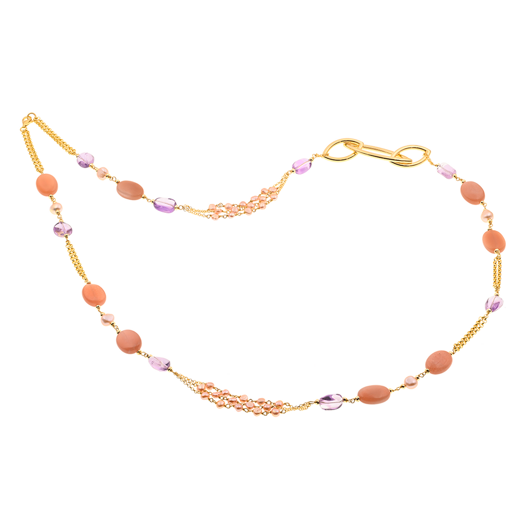 Evia 08 Necklace · pink moonstone, amethyst, freshwater pearls