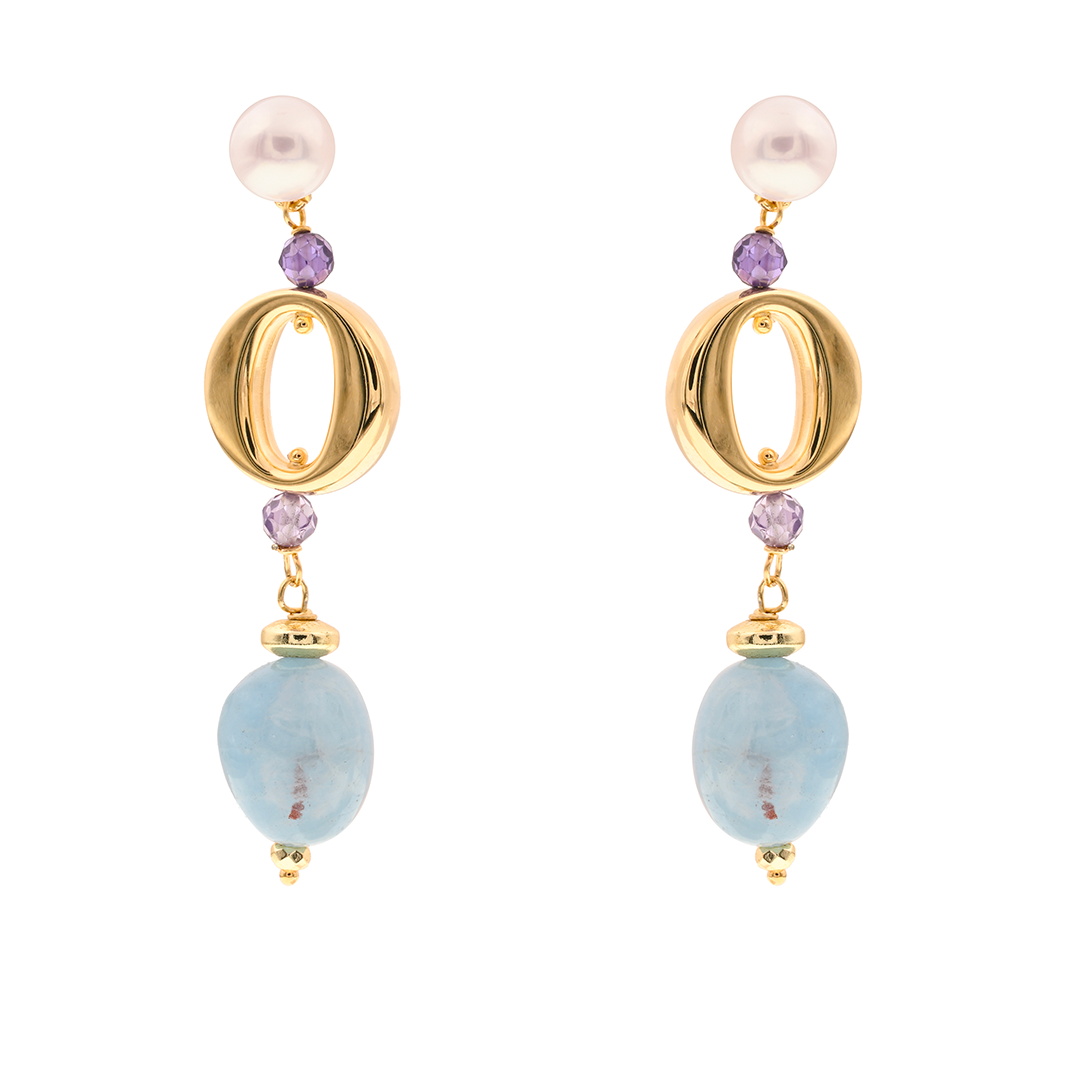 Lefkada 03 Earrings · milk aquamarine, spinel, pearls