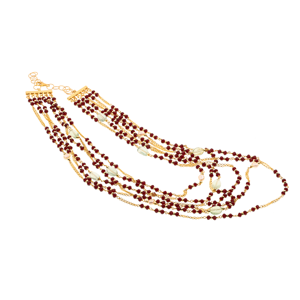 Limnos Necklace 04 · bordeaux spinel, fluorite, pearls
