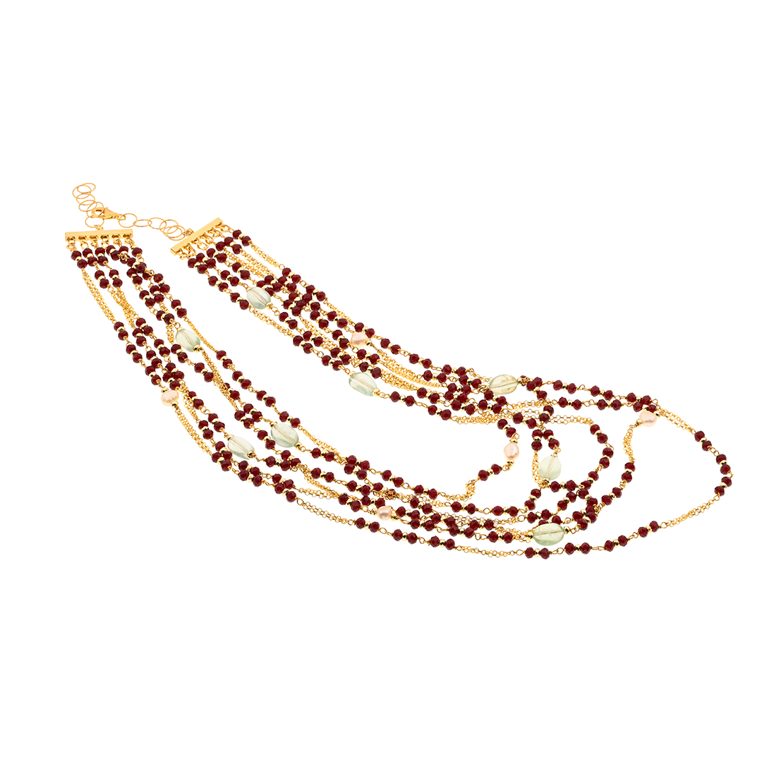 Limnos Necklace 04 · bordeaux spinel, fluorite, pearls