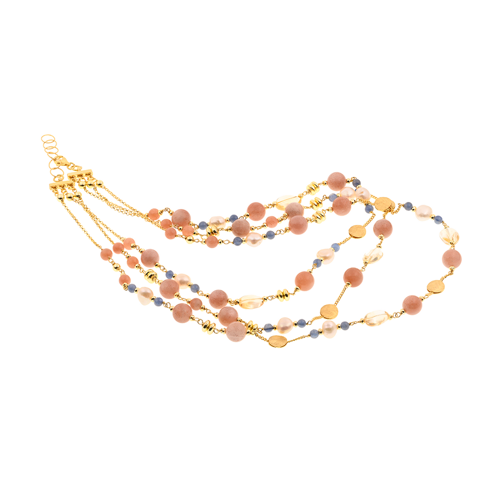 Limnos 05 Necklace · pink moonstone, kyanite, citrine, pearls