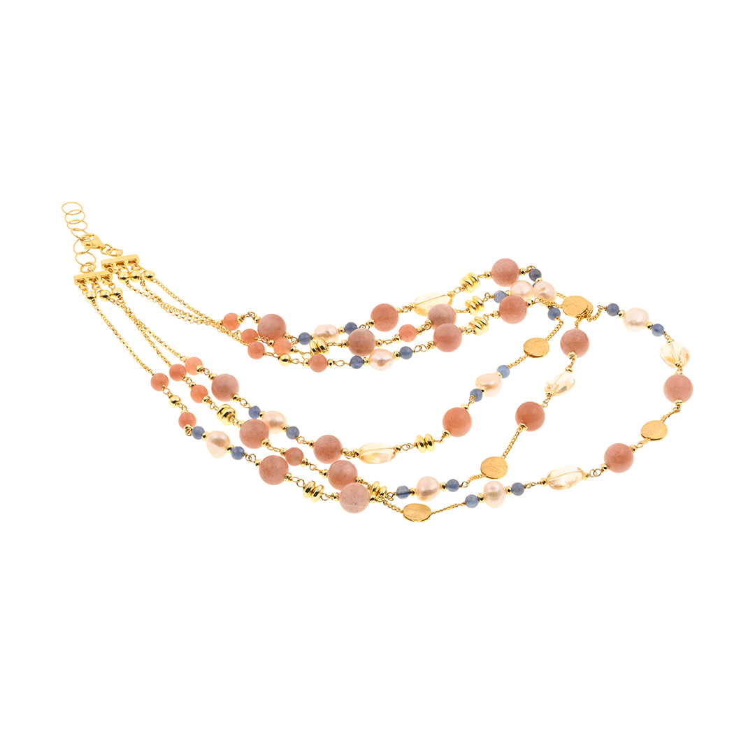 Limnos 05 Necklace · pink moonstone, kyanite, citrine, pearls