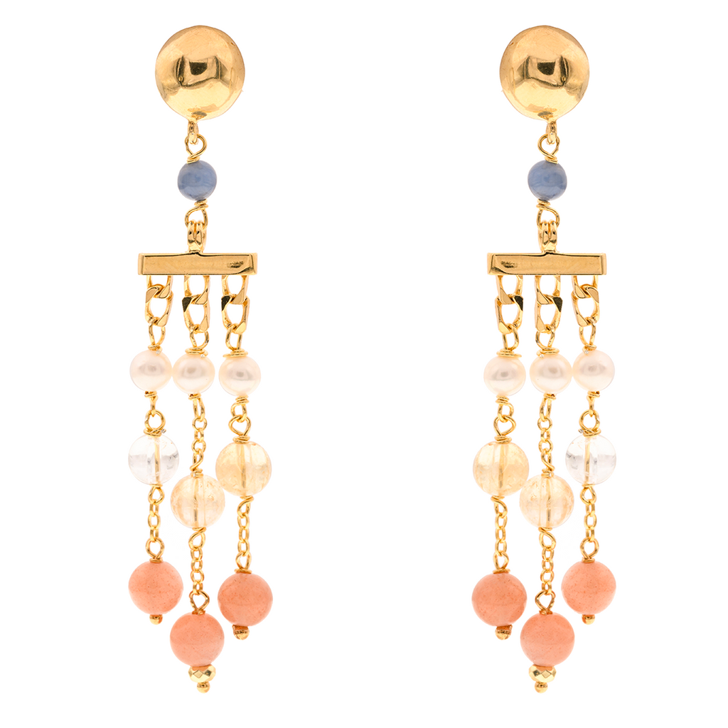 Limnos 05 Earrings · pink moonstone, kyanite, citrine, pearls