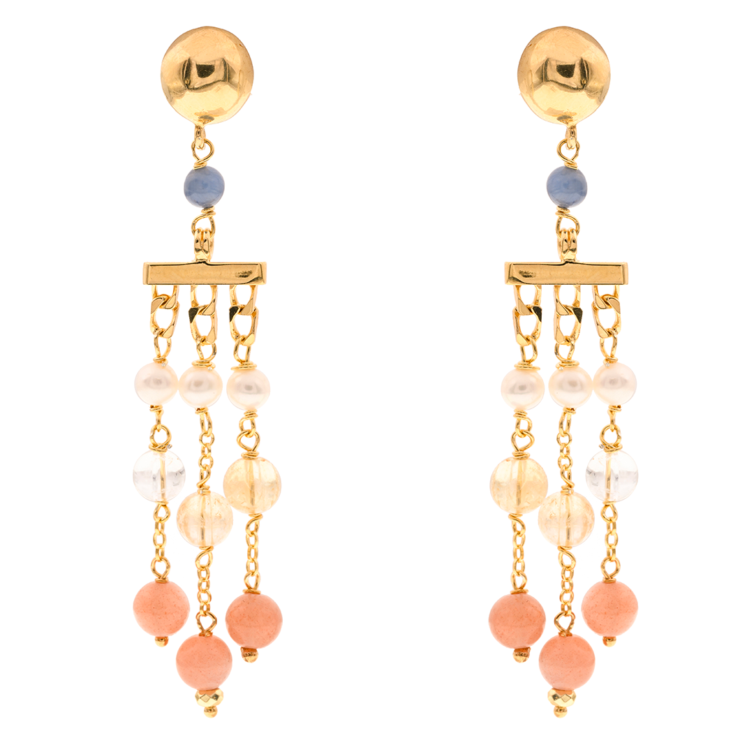 Limnos 05 Earrings · pink moonstone, kyanite, citrine, pearls